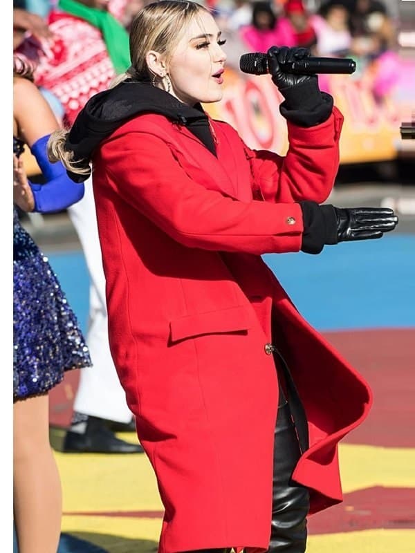 Actress Meg Donnelly Wearing Red Coat In 100th Thanksgiving Day Event