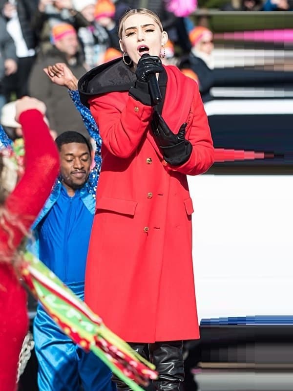 Meg Donnelly Wearing Red Coat In 100th Thanksgiving Day Event