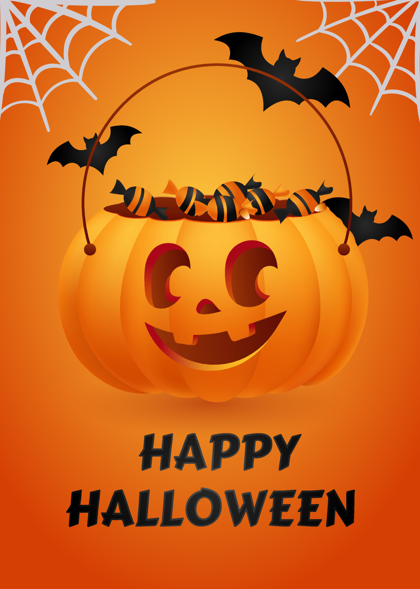 happy halloween poster for party banner or invitation orange candy bag pumpkin jack o lantern with carved